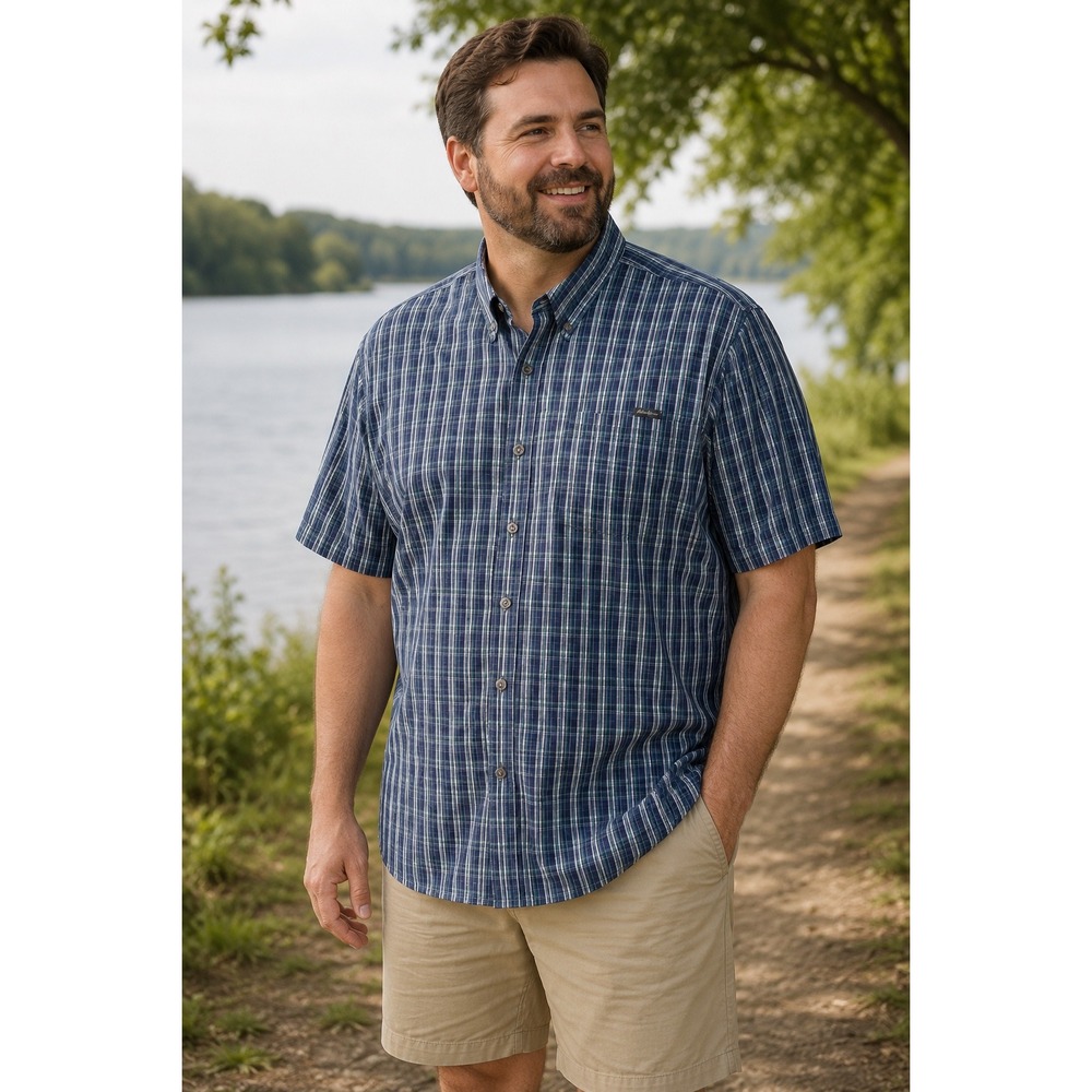 Eddie Bauer Mens TXL Blue Green Plaid Short Sleeve Button Down Shirt Mesh Lined